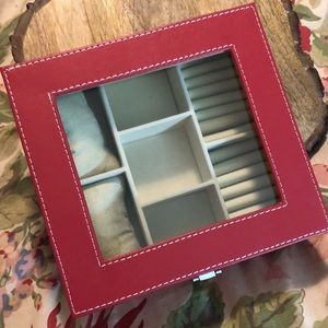 AMBROSE Leather look RED TAN sueded Jewelry Box Home or Travel Valentine Red NEW